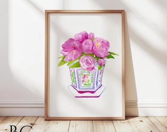 Watercolor Pink Peonies in Chinoiserie Vase Art Print, Hot Pink Decor, Chinoiserie Pink peonies floral print, Hot Pink chinoiserie art