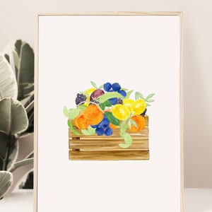 Watercolor Fruit Basket Art Print, Kitchen Decor print, Watercolor fruit, Kitchen Wall Art, farmers market basket art print, food home decor image 3