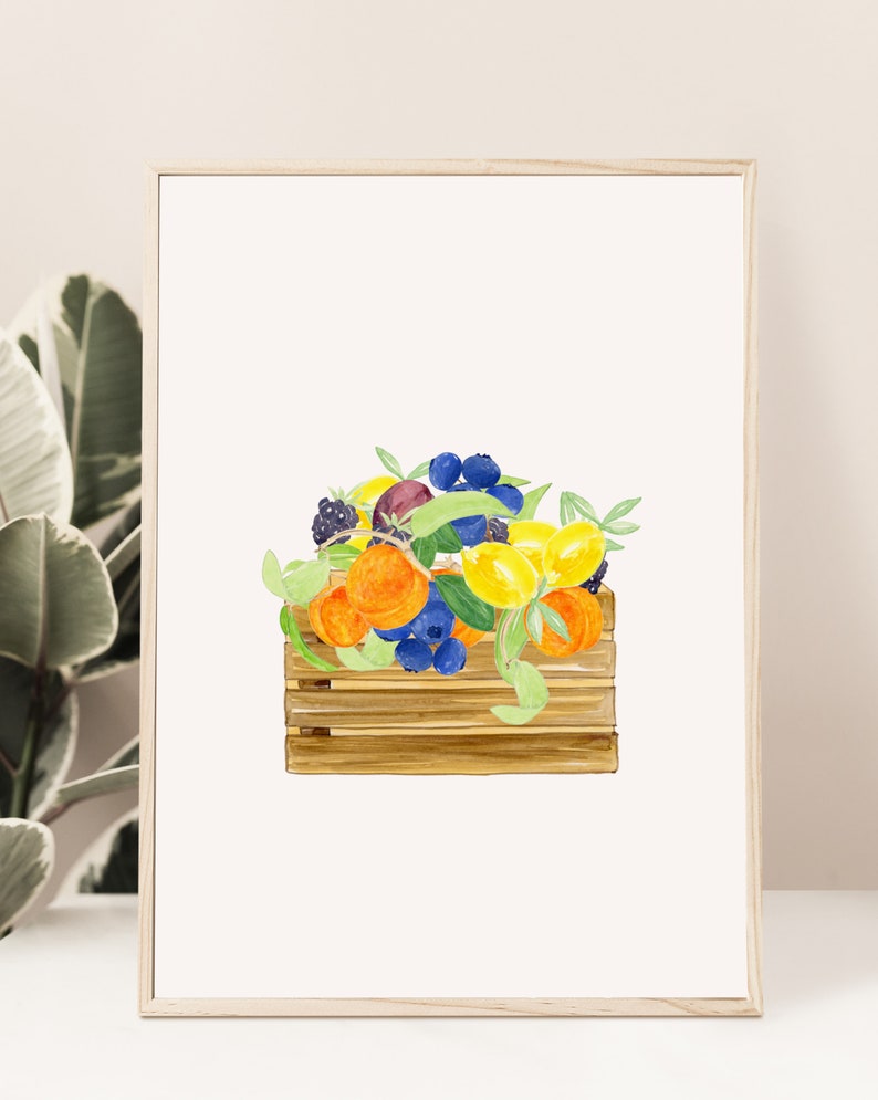 Watercolor Fruit Basket Art Print, Kitchen Decor print, Watercolor fruit, Kitchen Wall Art, farmers market basket art print, food home decor image 3