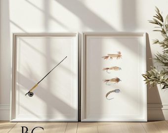 Watercolor Fly Fishing Art Print set of 2, Fisherman Gift, Fishing Decor, Fishing Wall Gallery, Fishing Rod, Fishing Lures art, Fishing Gift