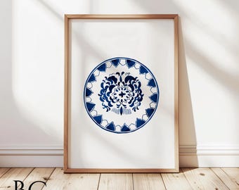 Blue & White porcelain plate art print, Watercolor navy blue chinoiserie, Traditional oriental home decor, Blue china art, Antique lover art