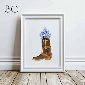 Brown Cowboy Boot with Bluebonnet Art Print, Floral Cowboy Boot Art, Western Art Print, Cowboy Art, Western Nursery Art, Texas art