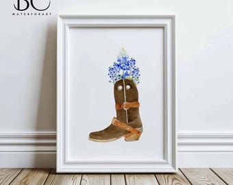 Brown Cowboy Boot with Bluebonnet Art Print, Floral Cowboy Boot Art, Western Art Print, Cowboy Art, Western Nursery Art, Texas art