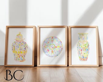Set of 3 Watercolor Famille Rose Porcelain Prints, Famille Rose Vase, ginger jar, Rose medallion print, Famille Rose medallion Vase art