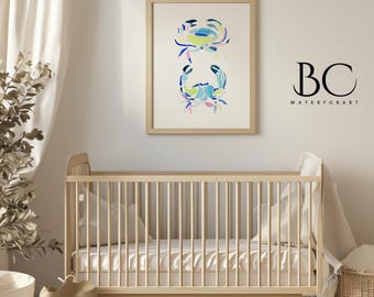 Watercolor Blue Crab Art Print: Coastal Nursery Wall Decor