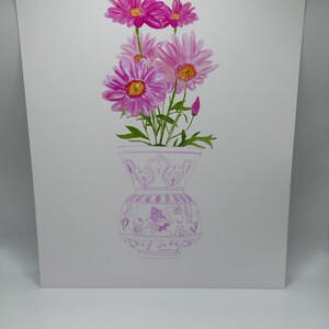 May include: A watercolor painting of a bouquet of pink flowers in a pink and white patterned vase.