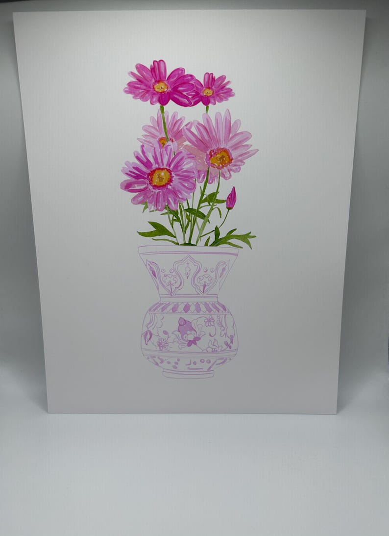 May include: A watercolor painting of a bouquet of pink flowers in a pink and white patterned vase.