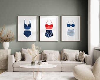 Vintage Swimsuit Set, Watercolor Swimsuit Art, Bathing Suit Art Print, Beach House Decor, Lake House Wall Art, Nautical Art,  Set of 3