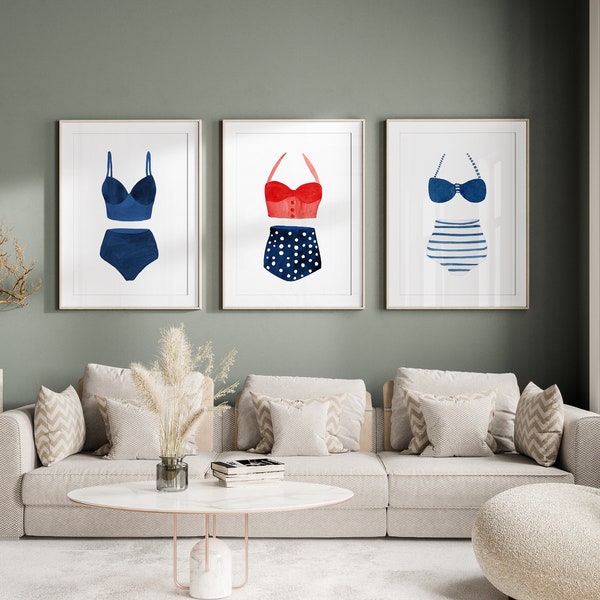 Vintage Swimsuit Set, Watercolor Swimsuit Art, Bathing Suit Art Print, Beach House Decor, Lake House Wall Art, Nautical Art,  Set of 3