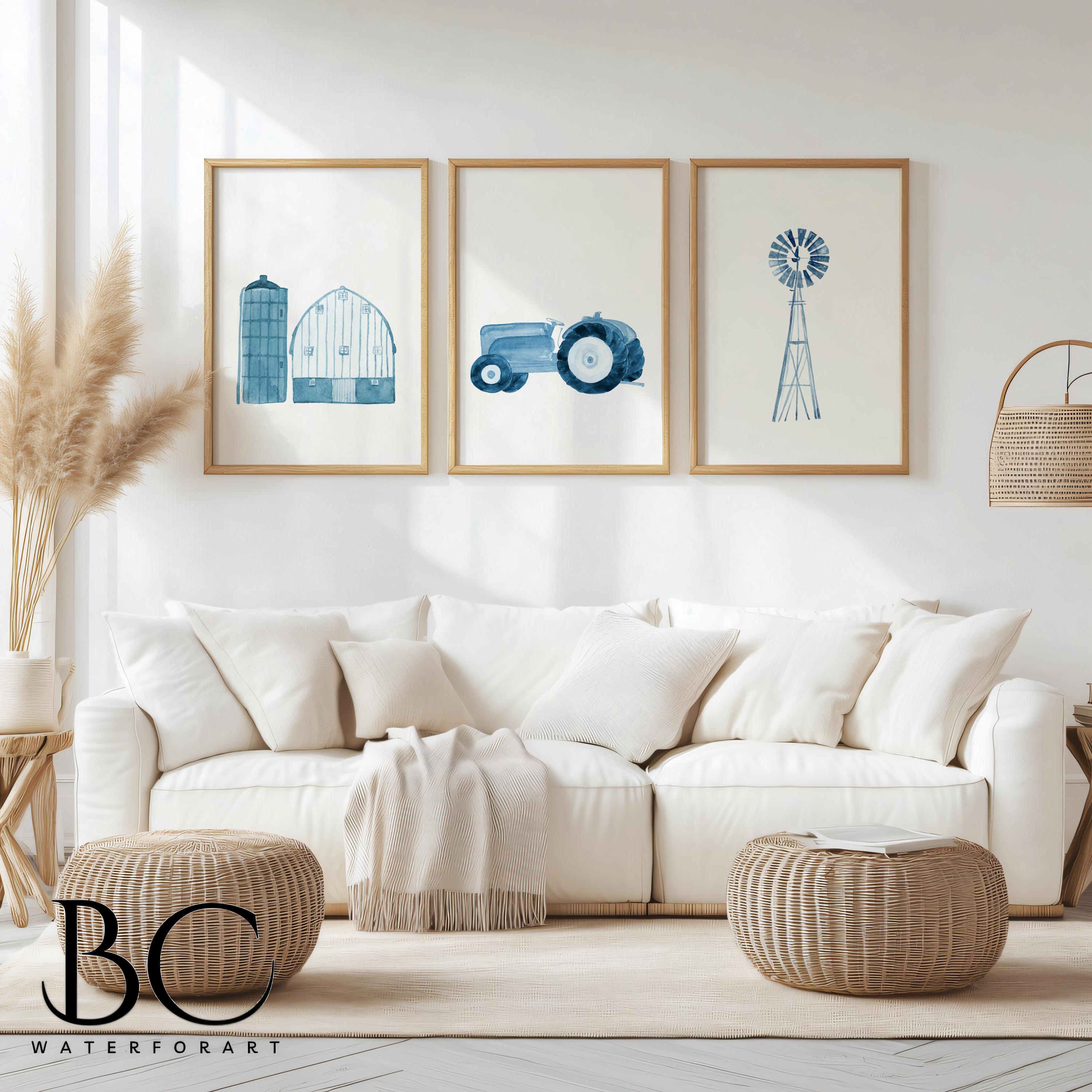 水彩農場保育園アートプリント：納屋、トラクター、風車、3枚セット