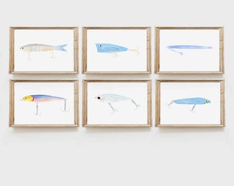 Fishing Lures Set of 6 Prints, Fishing art, watercolor fishing lures, lure art set, Fish Decor, Fishing Art Print Set, Fish Prints