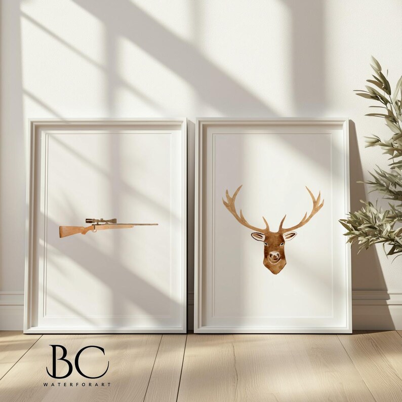 Watercolor Hunting Art Set of 2, Hunting Riffle & Deer Art Print ...