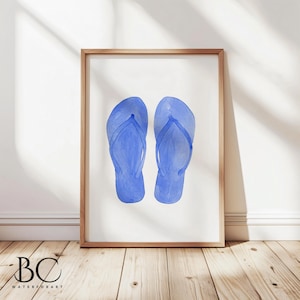 Watercolor Blue Beach Flip Flop Wall Art Print, Beach House Decor, Lake House Wall Art, Flip Flop Wall Art, Blue sandals print
