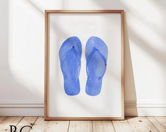 Watercolor Blue Beach Flip Flop Wall Art Print, Beach House Decor, Lake House Wall Art, Flip Flop Wall Art, Blue sandals print