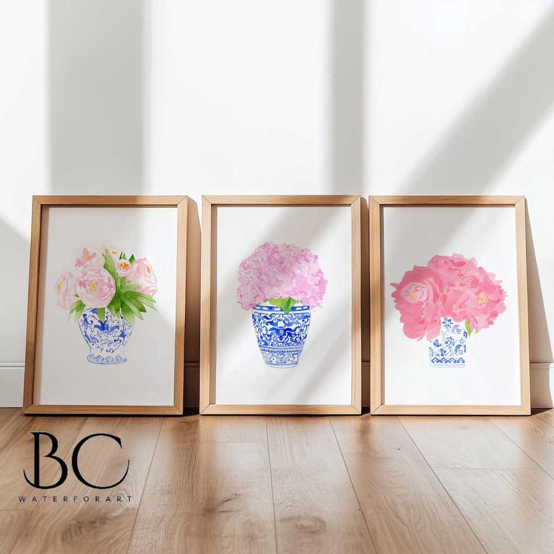 Set of 3 Coastal Blue Watercolor Peony in Porcelain Art Print, Blue ...