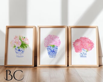 Set of 3 Coastal Blue Watercolor peony in porcelain art print, Blue, White, and pink watercolor decor, Blue White Vase Wall Art