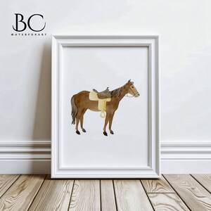 May include: A watercolor painting of a brown horse with a saddle on its back. The horse is standing on a white background.