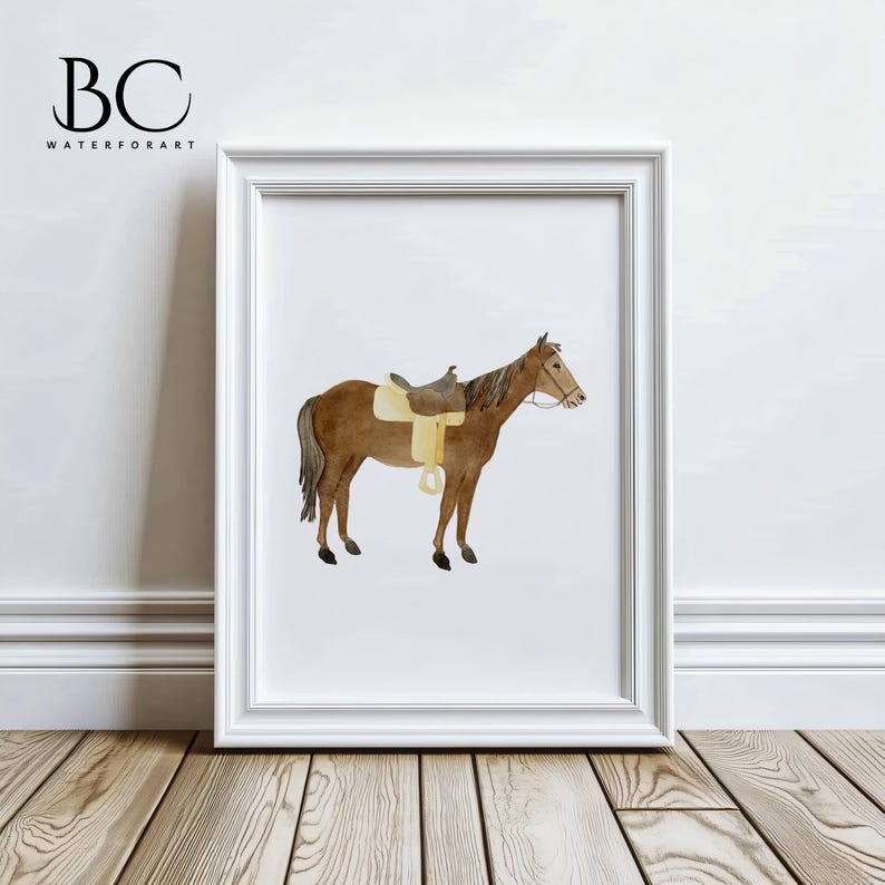 May include: A watercolor painting of a brown horse with a saddle on its back. The horse is standing on a white background.