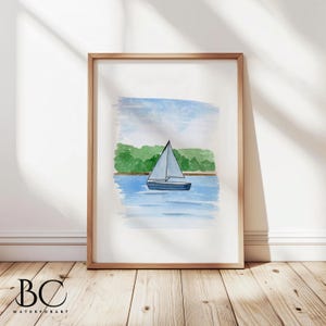 Watercolor sailboat print, Nursery beach art, Nautical wall art, Blue boat print, Coastal decor, Beach wall art, Beach theme art