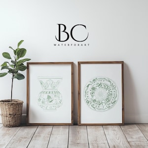 Watercolor Green Chinoiserie set of 2 prints, Neutral green porcelain art, Porcelain Ginger Jar Wall Art, Neutral color print set