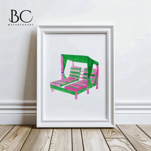 May include: A watercolor painting of a pink and green striped double lounge chair with a green canopy. The chair is set against a white background.