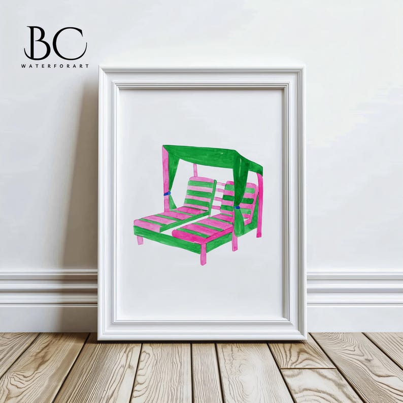 May include: A watercolor painting of a pink and green striped double lounge chair with a green canopy. The chair is set against a white background.