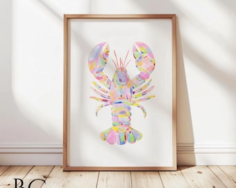 Colorful Lobster Wall Art Print, Coastal Watercolor Lobster, Preppy Beach House Decor, Nautical Wall Art, Ocean Sea Life Art Print