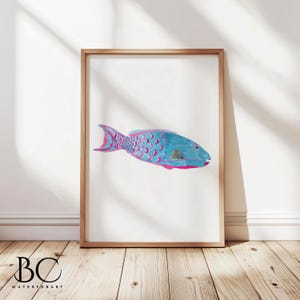 Watercolor Parrot Fish Print: Tropical Beach House Wall Art