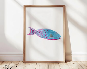 Watercolor Parrot Fish Print: Tropical Beach House Wall Art