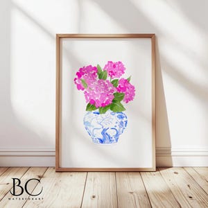 Watercolor Pink Hydrangea Print, Hydrangea in a Blue and White Vase, Pink Hydrangea Art Print, Hydrangea Wall Art, Hydrangea lover gift