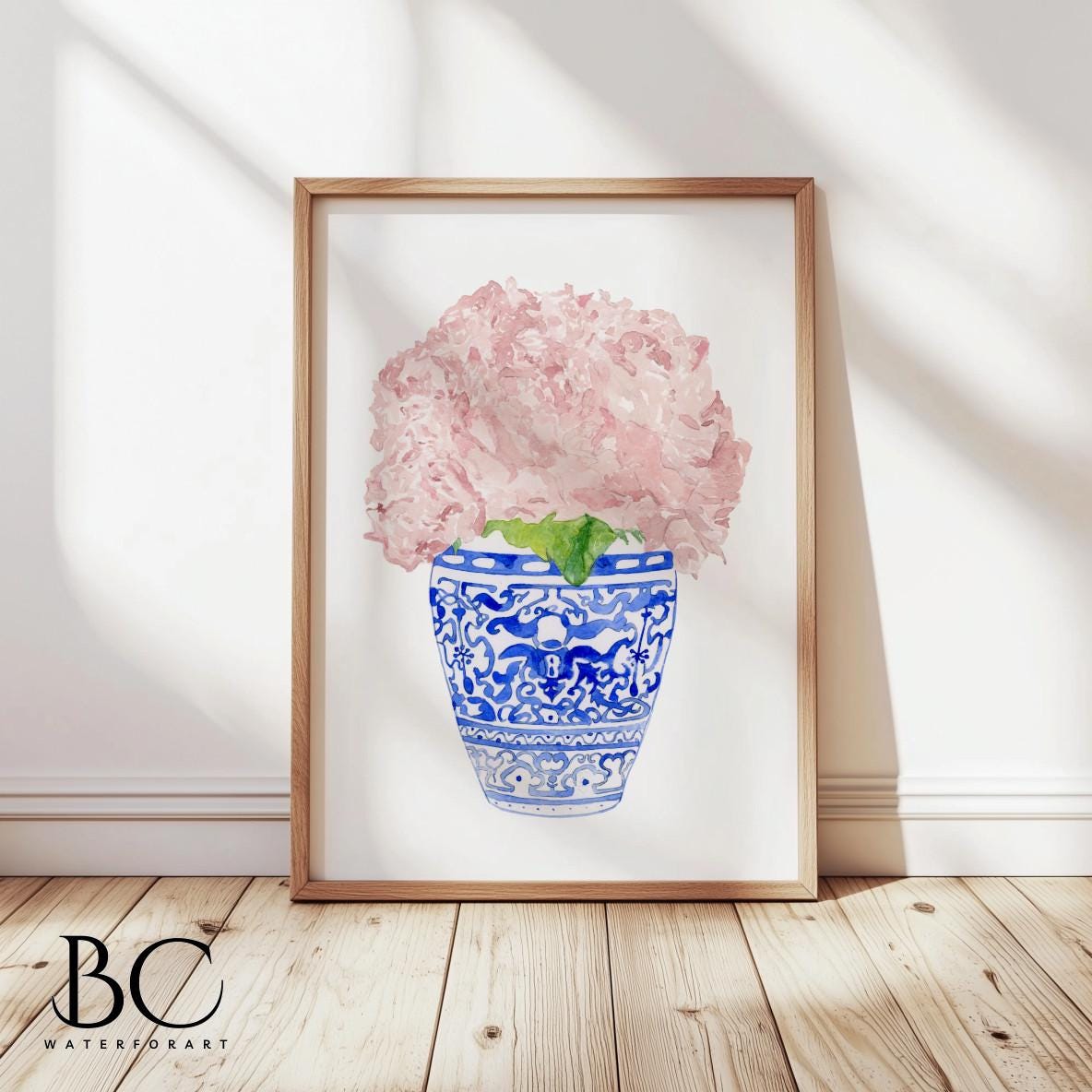 Coastal Blues Watercolor Peony Porcelain Art Print, Blue and White