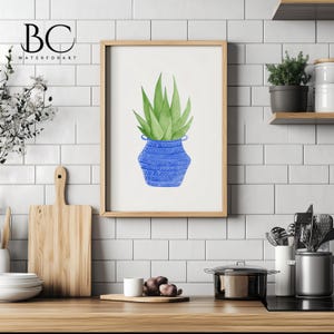 Watercolor Aloe Vera Wall art print in Blue Wicker Basket, Plant Decor, Kitchen Living Decor, Botanical Art, Plant lover gift, Housewarming