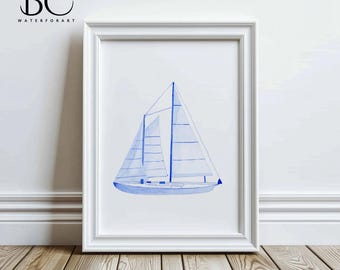 Watercolor Sailboat Art Print: Coastal Blue Nautical Decor