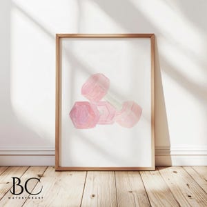 Impresión artística de mancuernas de fitness en acuarela rosa, póster de fitness, regalo para amantes del gimnasio, arte mural de gimnasio, decoración deportiva, decoración de entrenamiento, arte mural de fitness