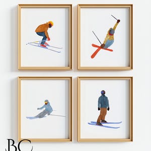 Set van 4 aquarel ski galerij kunst aan de muur prints, wintersport decor, winterchalet ski poster, cadeau voor skiliefhebbers, Mountain Home decor