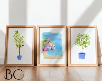 Amalfi Coast Wall Art Set of 3, Italian Coastal Village Lemon & Olive Tree Prints, Mediterranean living room or Kitchen Decor, Travel Art