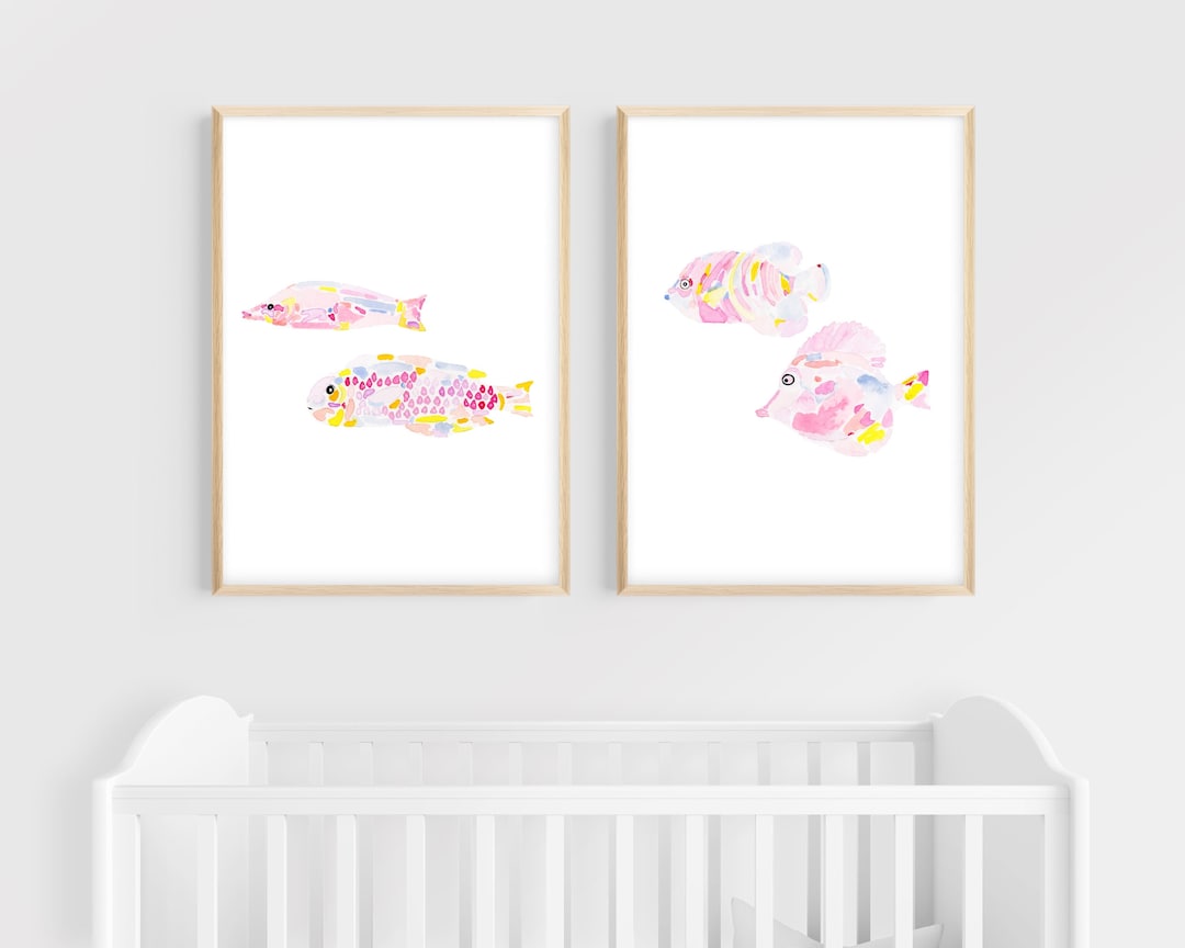 Watercolor Pink Fish Print Set, Nursery Fish Art Prints, Tropical Fish