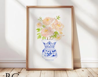 Watercolor Peony Floral Wall Art, Chinoiserie Vase Print, Blue and White Ginger Jar, Elegant Botanical Wall Decor, Grand millennial Decor