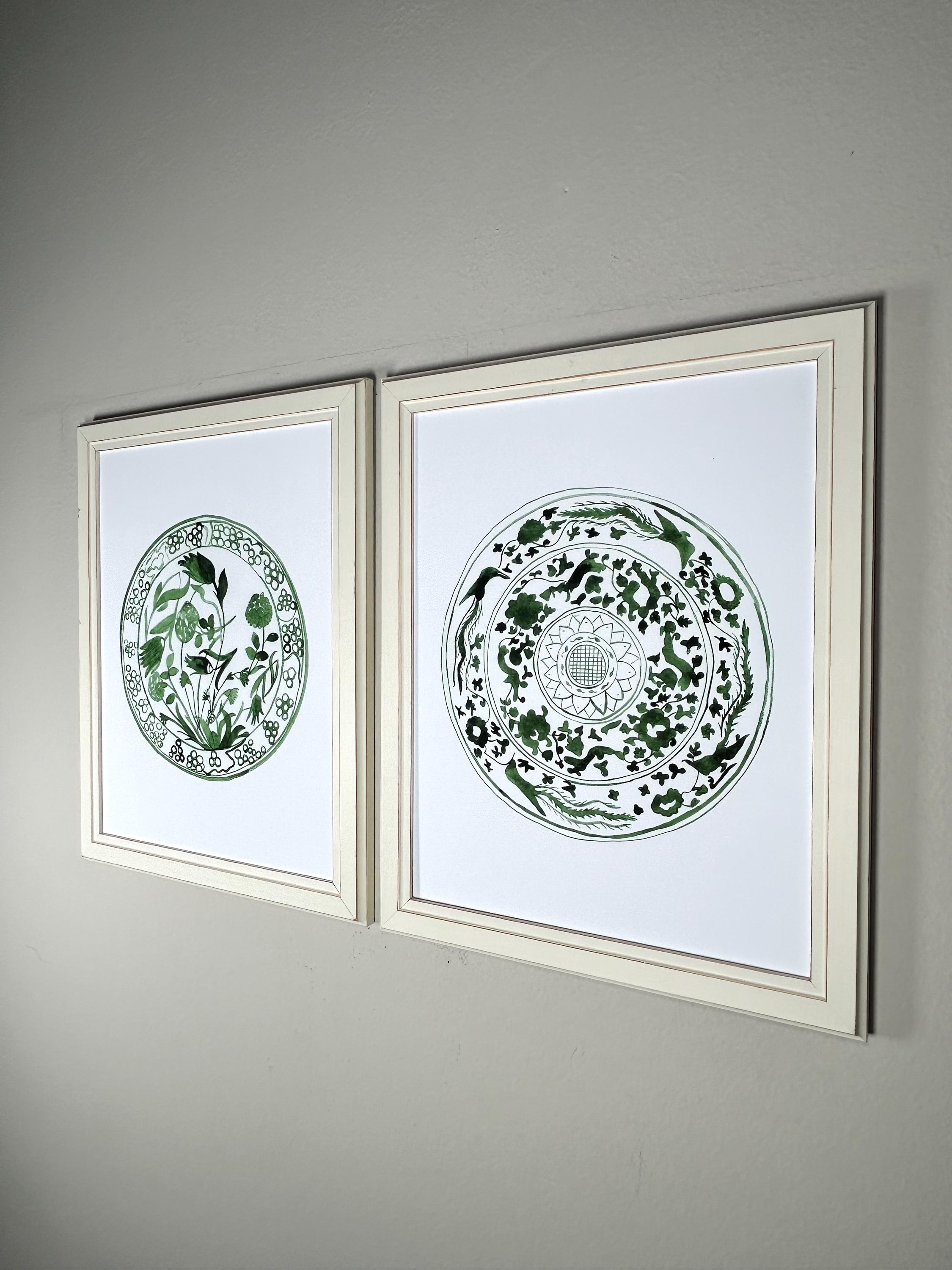 Watercolor Chinoiserie Green Plates Set of 2 Prints, Green Chinoiserie ...