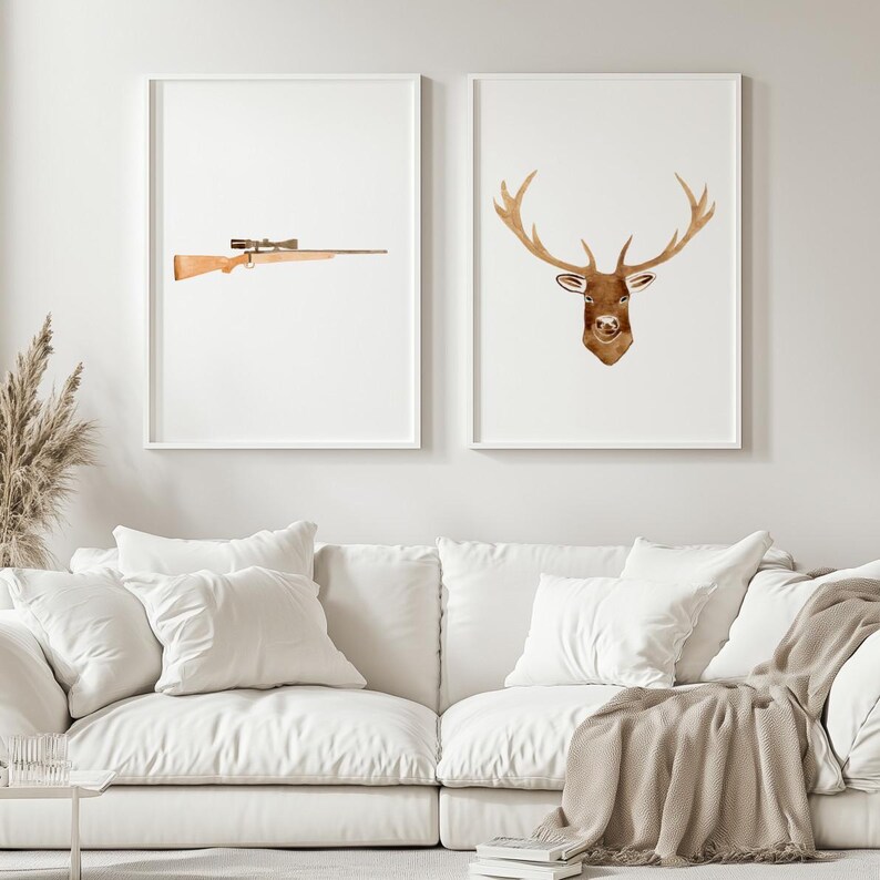 Watercolor Hunting Art Set of 2, Hunting Riffle & Deer Art Print ...