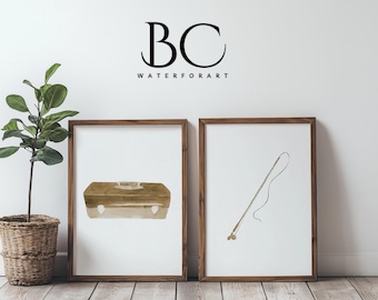 Watercolor Fishing Tackle Box Wall Art, Fishing Art Print set of 2, Fishing Nursery Wall Art, Fishing Decor, Fishing Rod print, Fishing Gift
