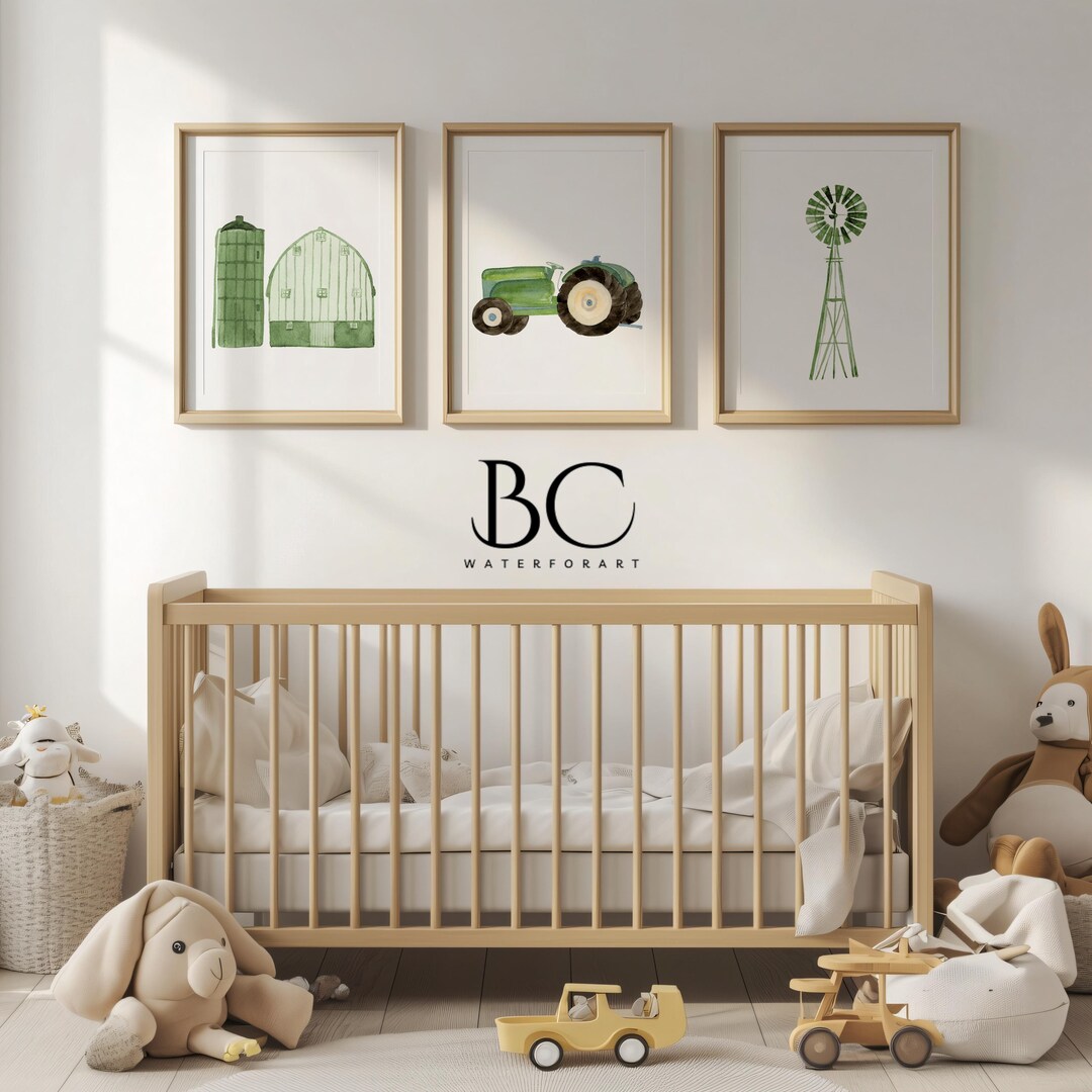 水彩農場保育園アートプリント：納屋、トラクター、風車、3枚セット