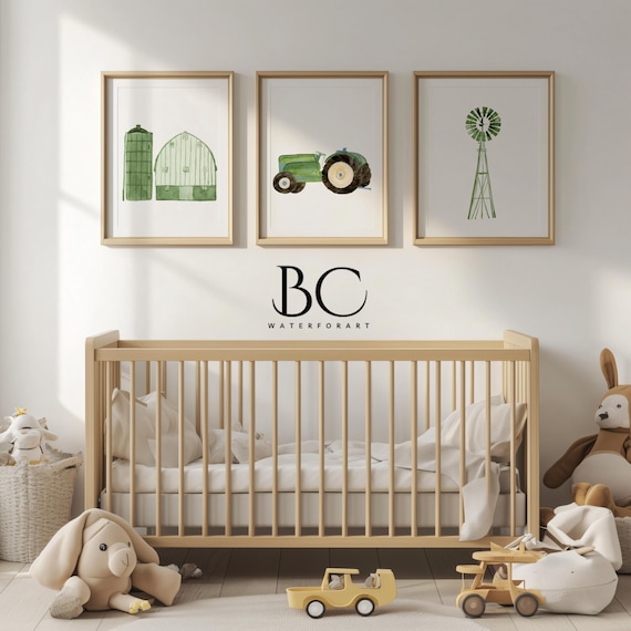 水彩農場保育園アートプリント：納屋、トラクター、風車、3枚セット