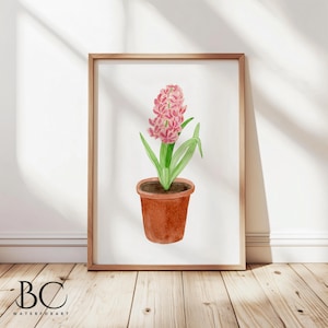 Aquarell rosa Hyazinthe im braunen Topf Kunstdruck, perfekte Blumen Wohnzimmer, Schlafzimmer oder Küchendekor, botanische Wandkunst, Blumenliebhaber Geschenk