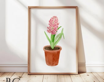 Pink Hyacinth Watercolor Art Print: Botanical Floral Decor