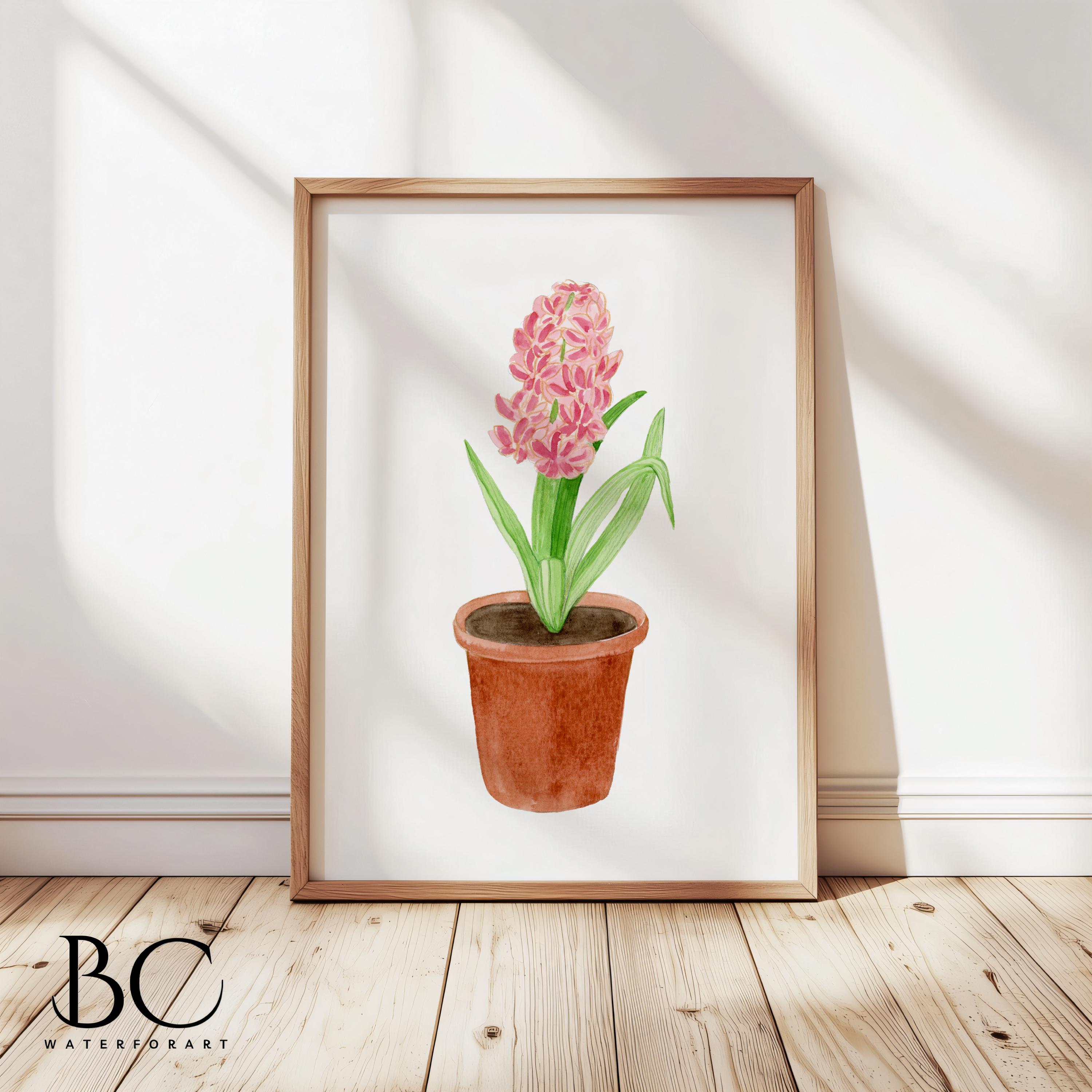 Watercolor pink hyacinth in brown pot art print, Perfect floral living room, bedroom or kitchen decor, Botanical wall art, flower lover gift