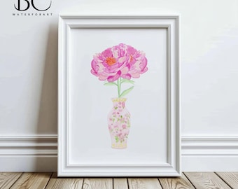 Watercolor Pink Peonies in Chinoiserie Vase Art Print, Chinoiserie & Pink peonies floral print, Rose medallion vase chinoiserie art Decor
