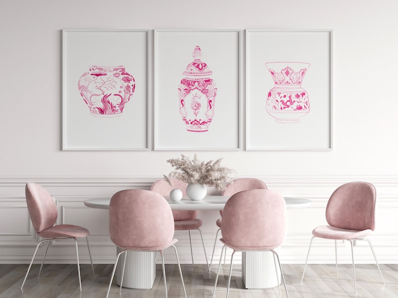 Hot Pink Watercolor Chinoiserie Print, Set of 2 Hot Pink Vases, Pink Watercolor Porcelain, Hot Pink Wall Art, Pink Wall Art Set, Pink Vases image 6