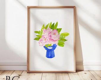 Peony Vase Wall Art Print, Blue Vase Floral Art, Pink Peonies Watercolor, Chinoiserie Floral Decor, Grandmillennial Wall Art