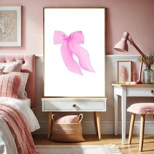 Watercolor Pink Bow Art Print: Vintage Girl Nursery Decor